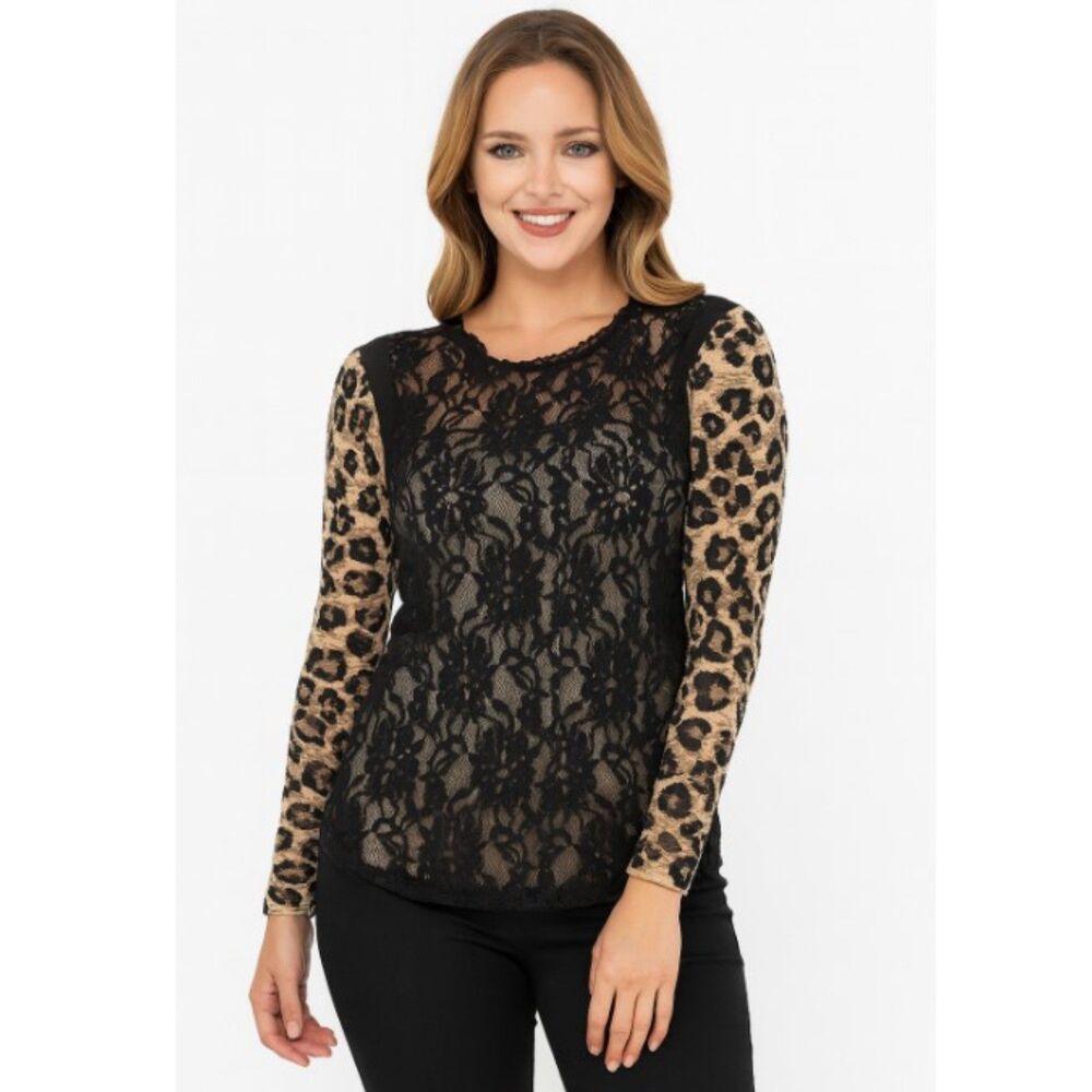 Free People Lace Blouse Black Sheer Animal Print Long Sleeves Top Womens SP